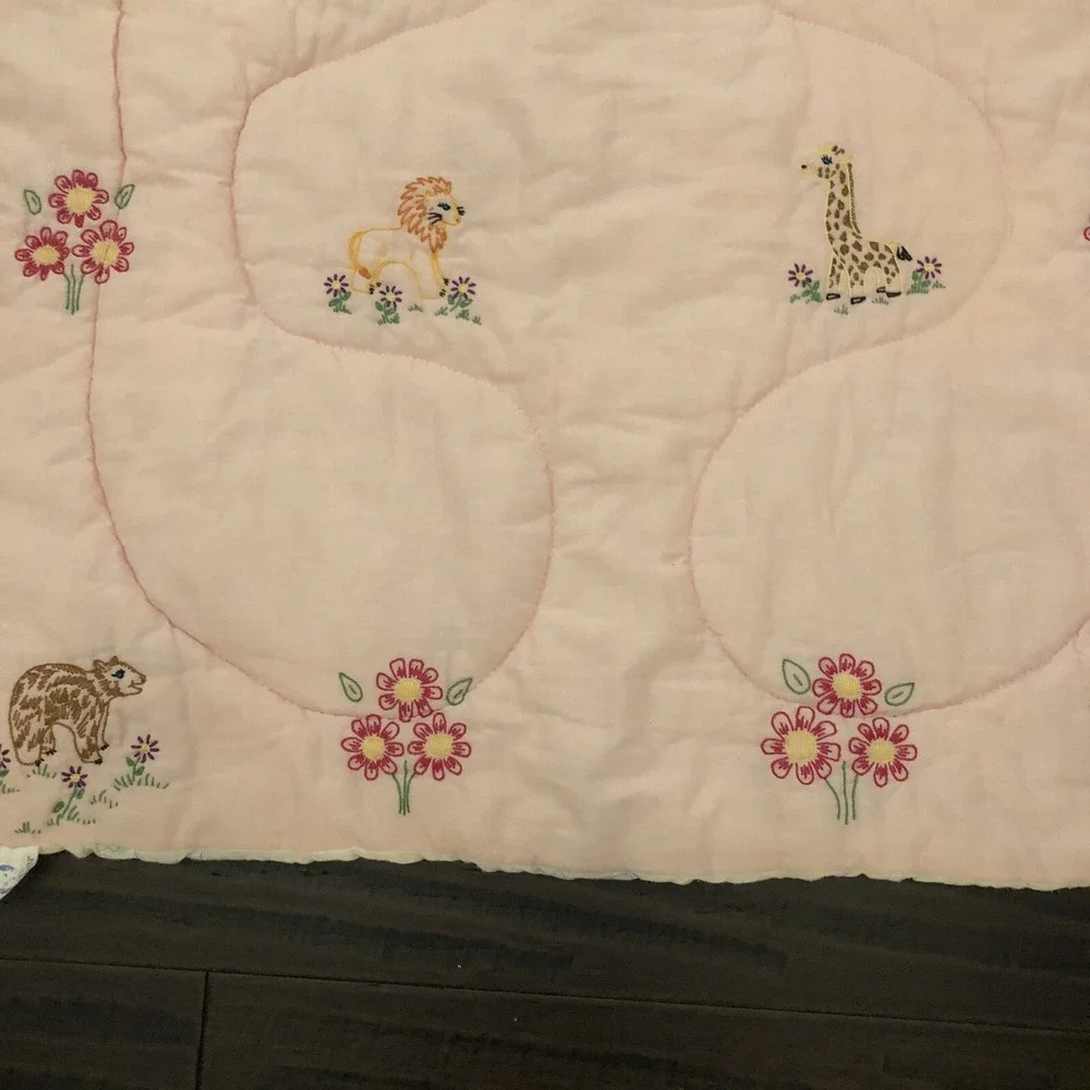 Hand Crochet Baby Blanket Comforter Gerber Animals Flowers Pink 30x40 Vintage
